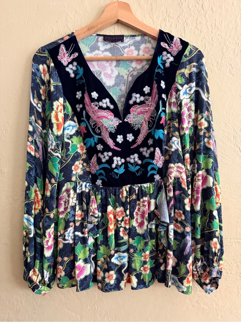 Hale Bob Navy Floral Embroidered V-Neck Peasant Top